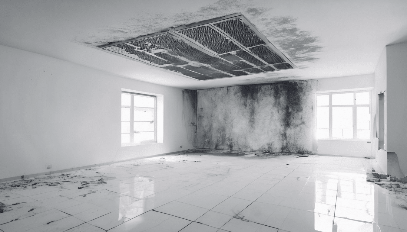 How Mold Spreads Through HVAC Systems - diagram showing mold dispersal pathway from evaporator coil through supply ducts into Dubai villa rooms
