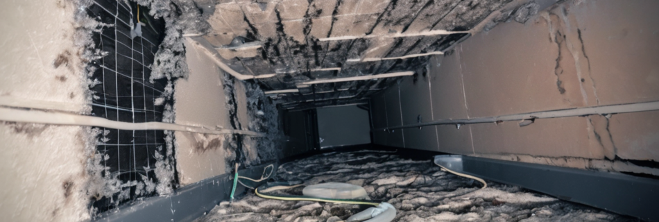 Mold in AC Ducts Dubai: Causes and Remediation Steps - IAC2-certified inspector examining mold-contaminated duct liner inside a Dubai villa HVAC system