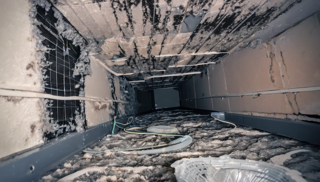 Mold in AC Ducts Dubai: Causes and Remediation Steps - IAC2-certified inspector examining mold-contaminated duct liner inside a Dubai villa HVAC system